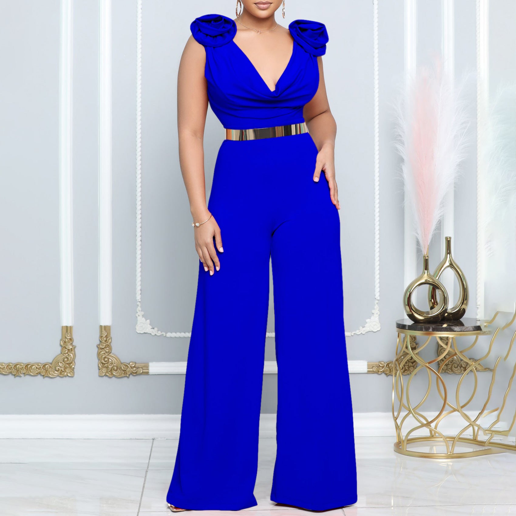 V-neck Turtleneck Sleeveless Fitted Waist Jumpsuit