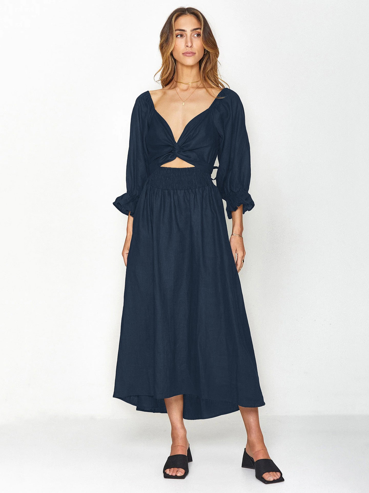 Women's Tie Cord Waist Belt Ruffle Dress