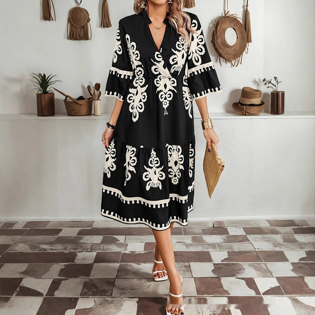 Summer New Women's Clothing V-neck Casual Style Loose Dress