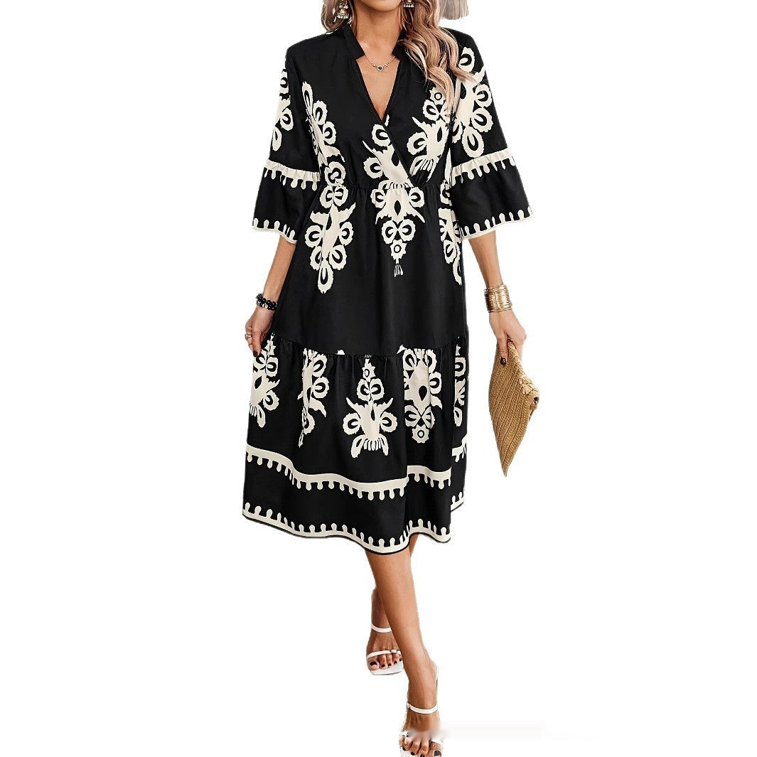 Summer New Women's Clothing V-neck Casual Style Loose Dress