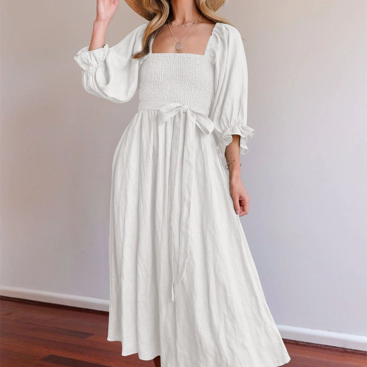 Women's Tie Cord Waist Belt Ruffle Dress
