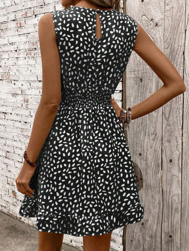 Round Neck Sleeveless Waist Trimming Printed Dress