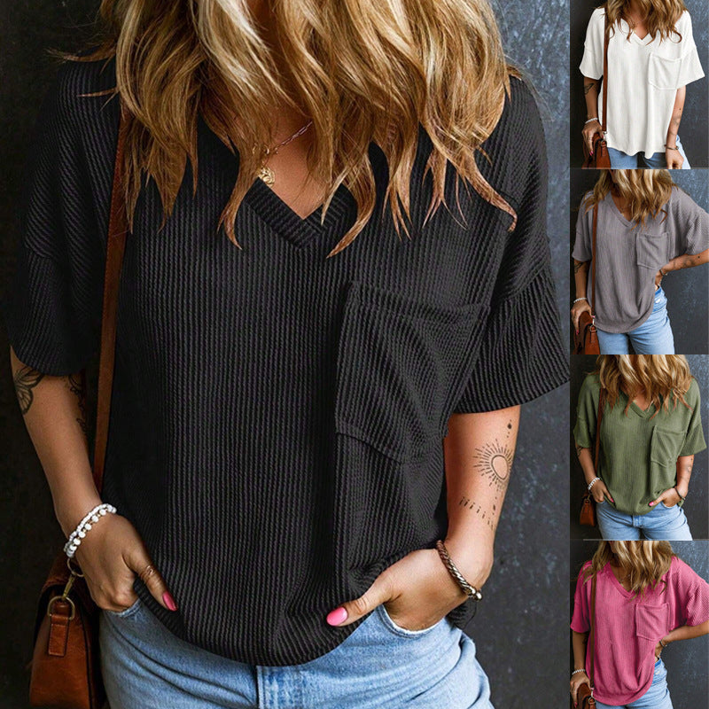 Two-tone Pullover Short Sleeve V-neck Top