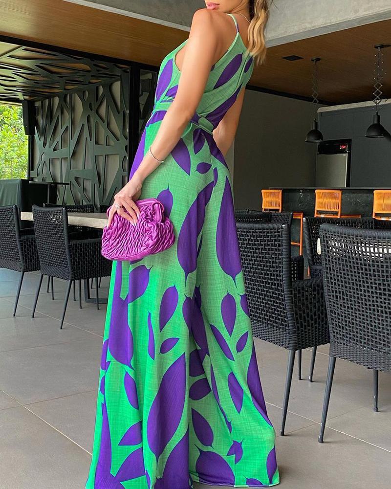 Green Print Casual Lace Up Jumpsuit