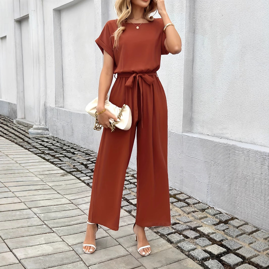 Women Fashion Solid Color With Belt Round Neck Jumpsuit