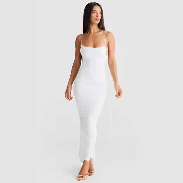 U-neck Shoulder Strap Backless Pleated Sheath Long Dress