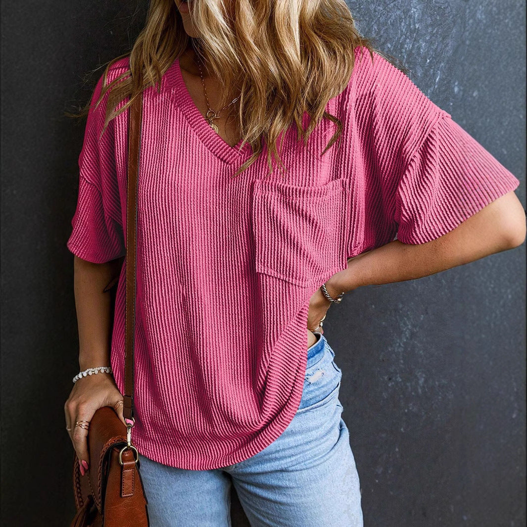 Two-tone Pullover Short Sleeve V-neck Top