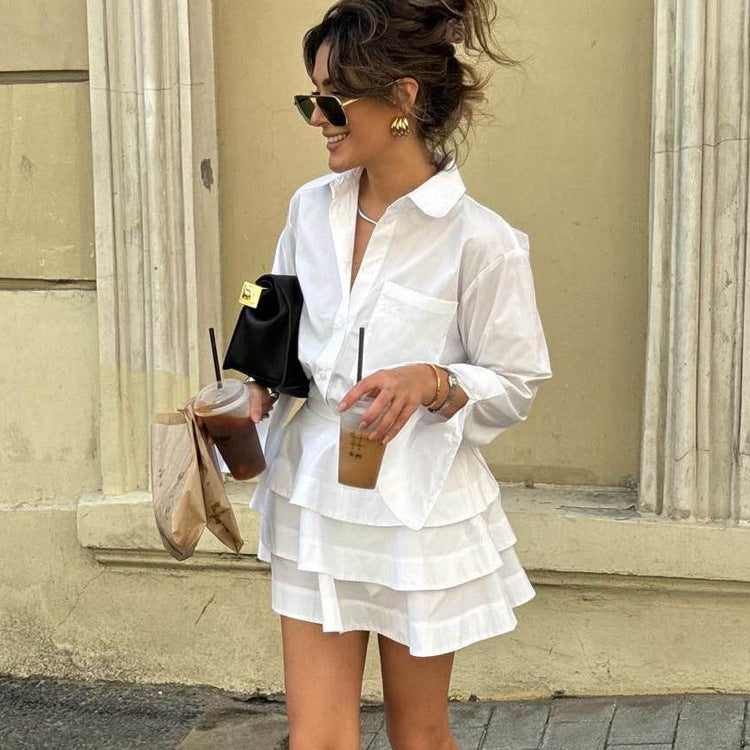 White Lapel Long Sleeve Shirt High Waist Tiered Suit
