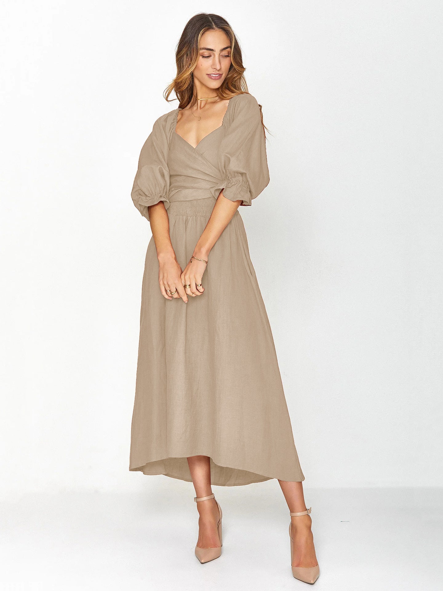 Women's Tie Cord Waist Belt Ruffle Dress