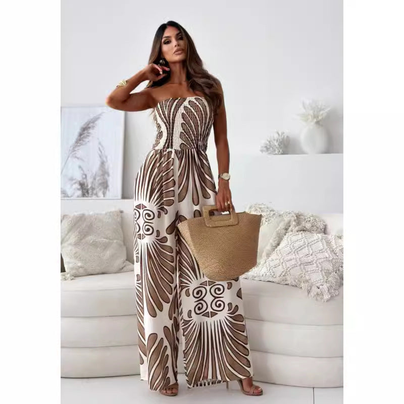Off-shoulder Tube Top Smocking Waist Jumpsuit