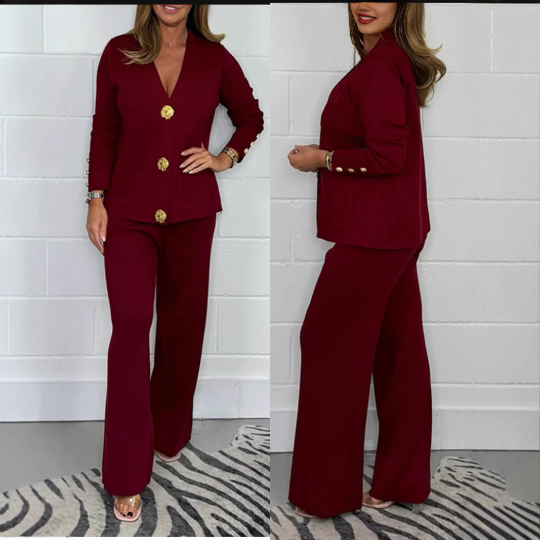 Metal Buckle Knitted Cardigan Sweater Wide Leg Pants Suit