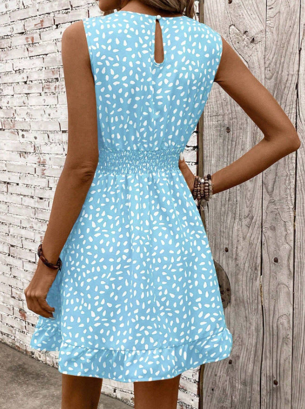Round Neck Sleeveless Waist Trimming Printed Dress