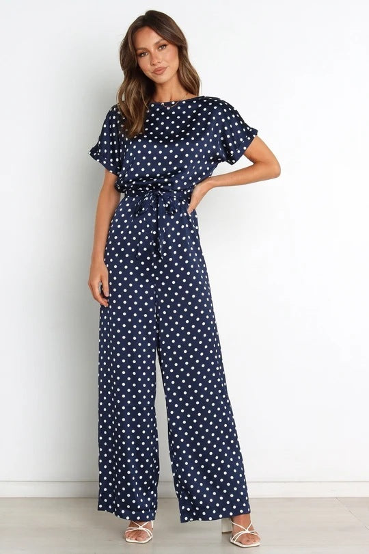 Round Neck Short Sleeve Polka Dot Lace Up Waist-tight Jumpsuit