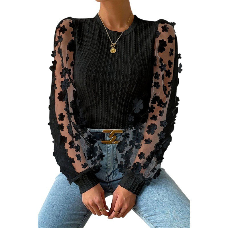Women's Mesh Small Flower Round Neck Long Sleeve Top