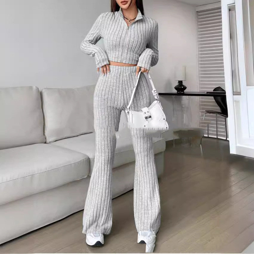 Knitted Long Sleeve Turtlenecks Wide Leg High Waist Trousers Suit