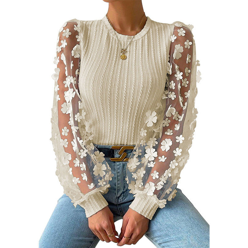 Women's Mesh Small Flower Round Neck Long Sleeve Top