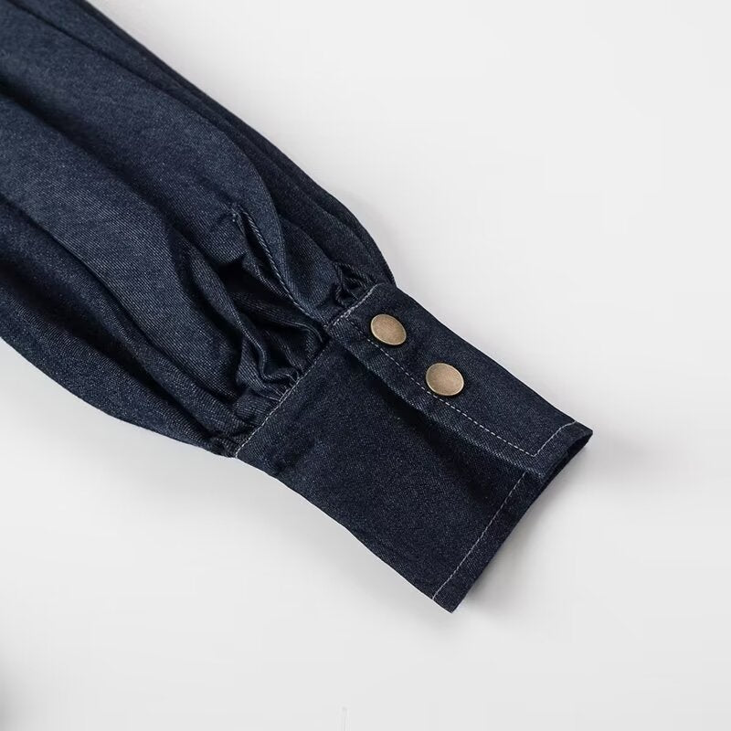 Dark Blue Casual Lace-up Bow Denim Shirt