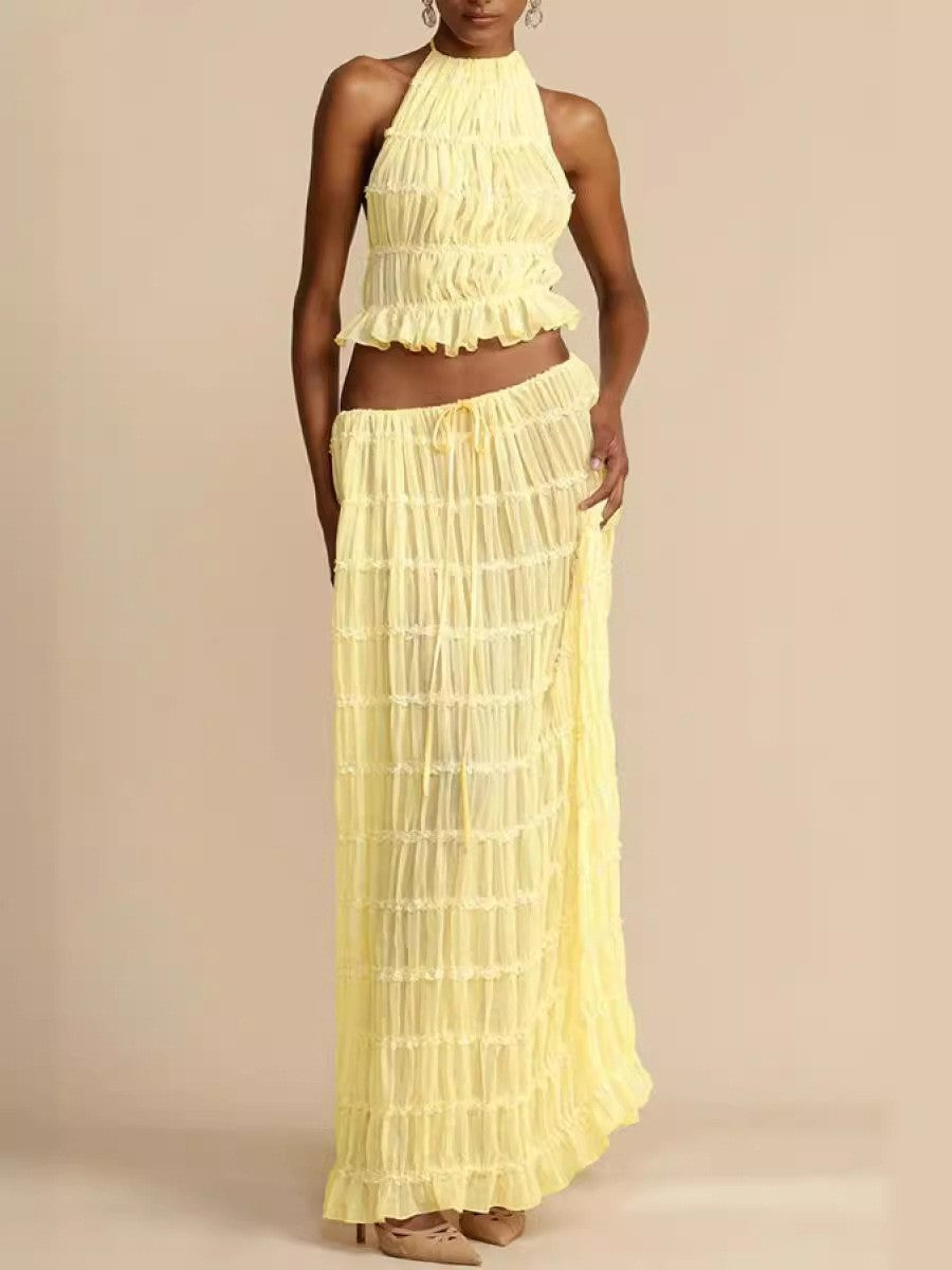 Backless Hanging Neck Strap Pleated Lace Vest Long Skirt Set