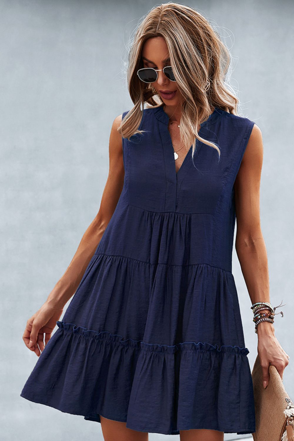 V-neck Solid Color Dress Summer