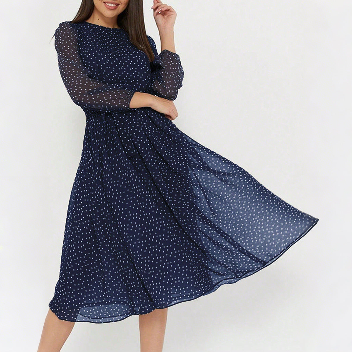 Leisure Vacation Style Polka Dot Long Sleeve Midi Dress