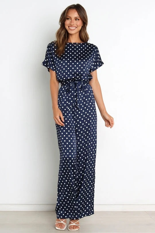 Round Neck Short Sleeve Polka Dot Lace Up Waist-tight Jumpsuit