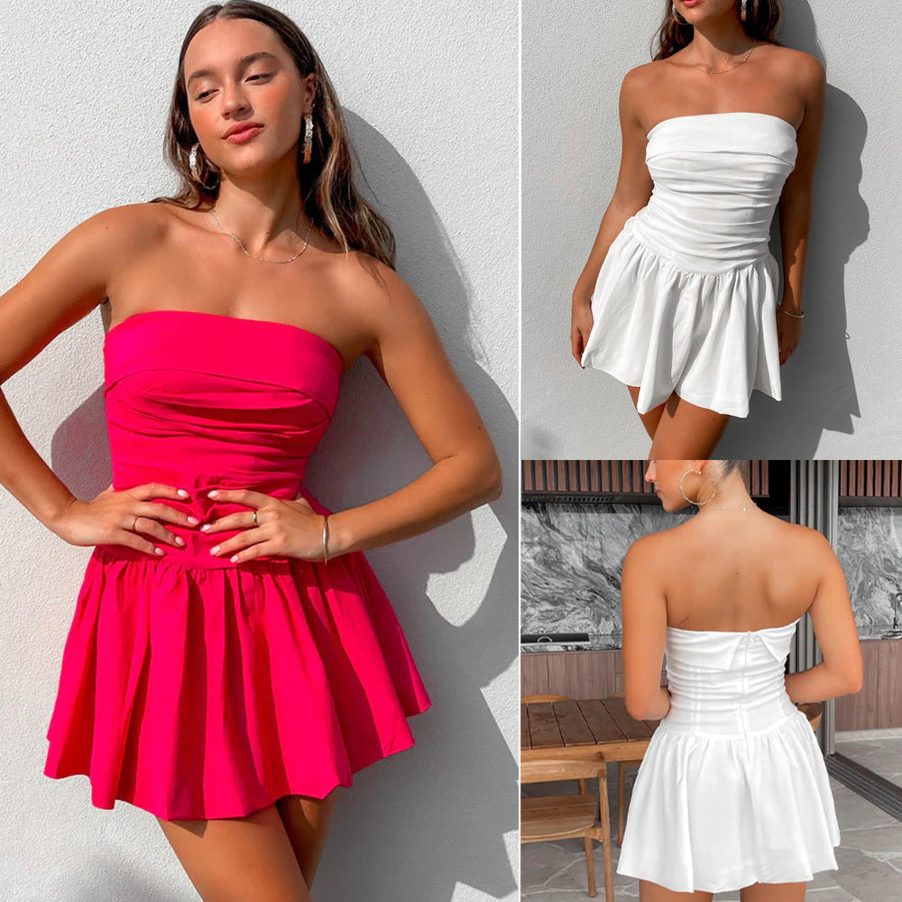Tube Top Backless Pleated Solid Color Dress