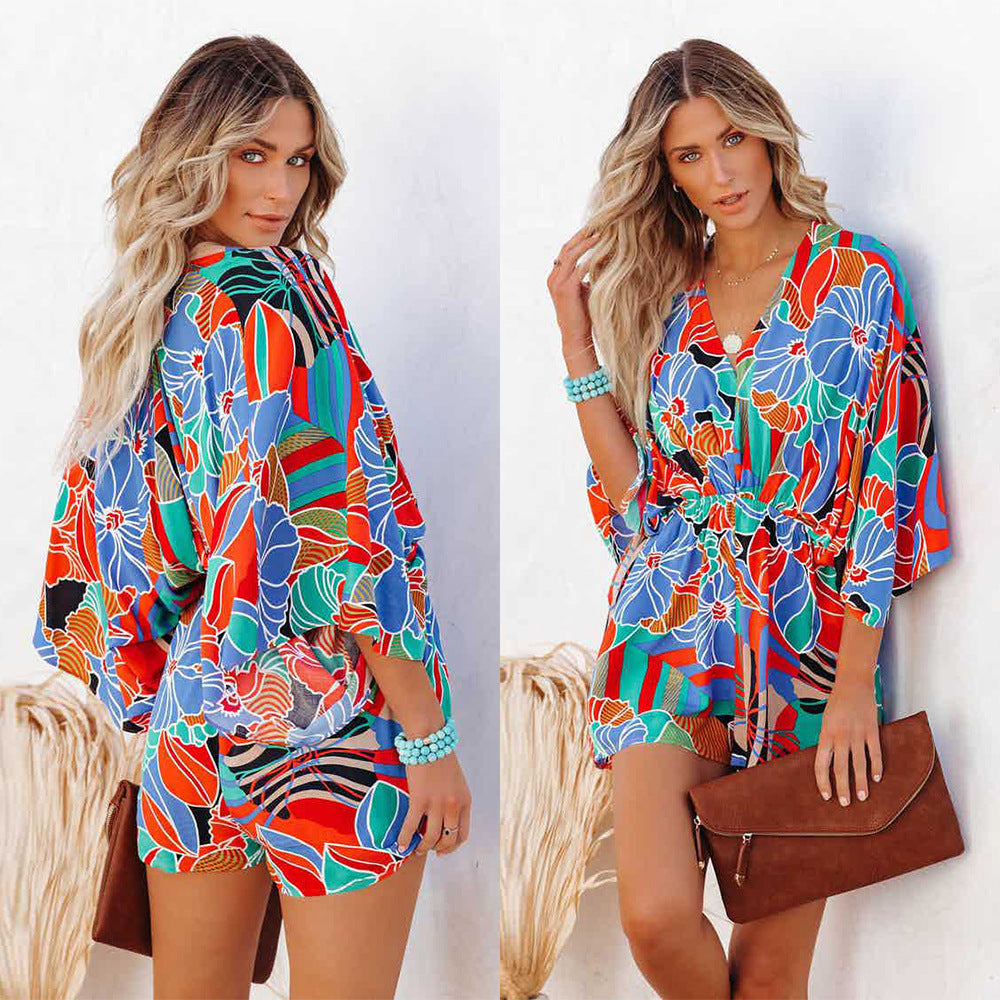 Women's V-Neck Short Sleeve Loose Casual Jumpsuit