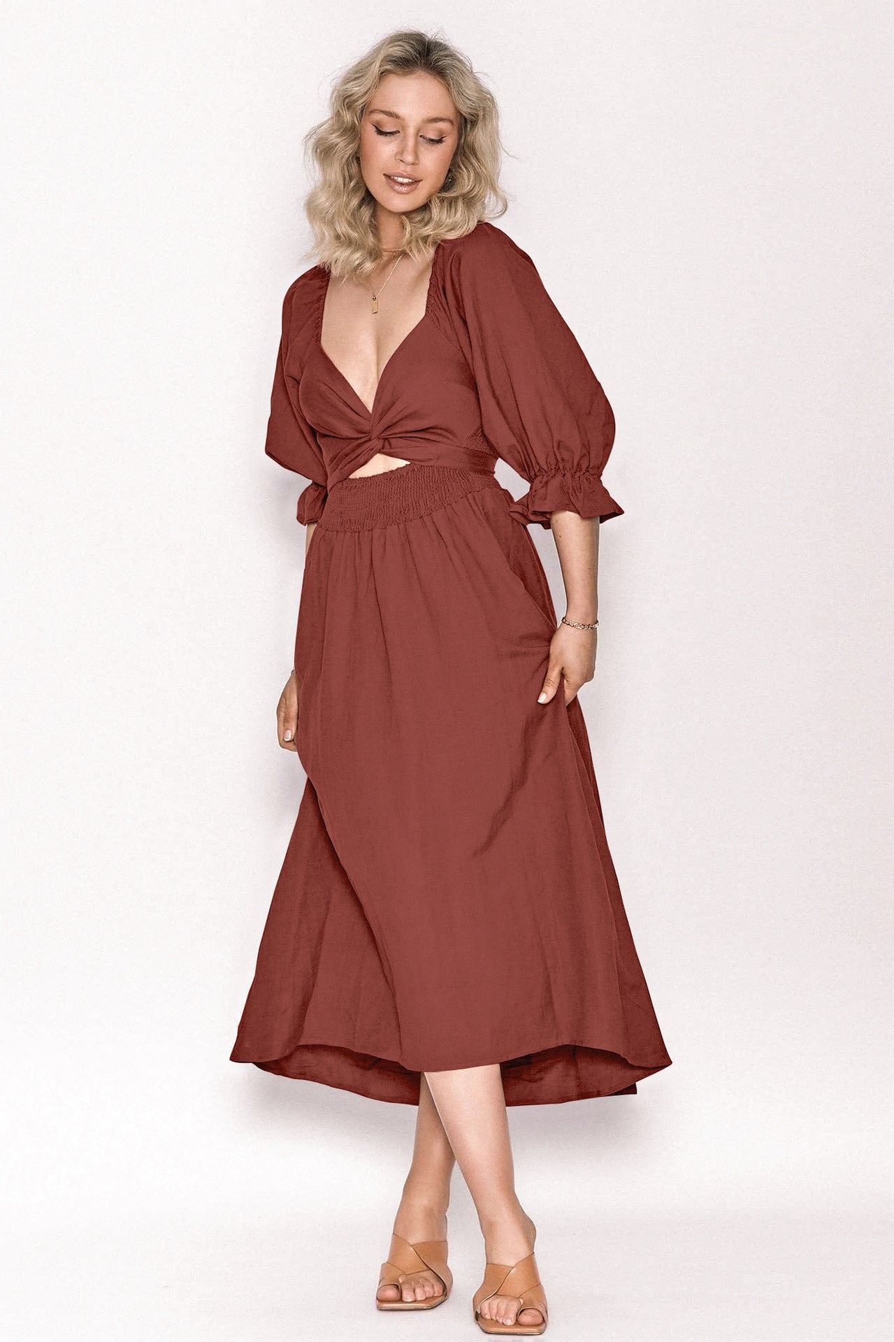 Women's Tie Cord Waist Belt Ruffle Dress
