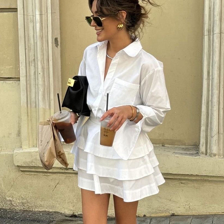 White Lapel Long Sleeve Shirt High Waist Tiered Suit