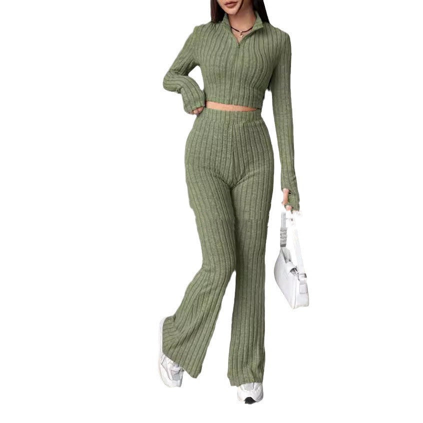 Knitted Long Sleeve Turtlenecks Wide Leg High Waist Trousers Suit