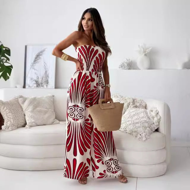 Off-shoulder Tube Top Smocking Waist Jumpsuit