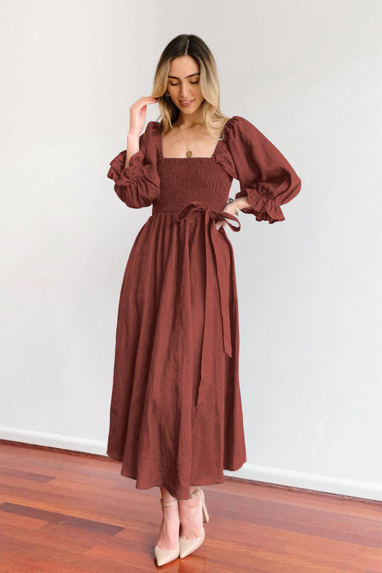 Women's Tie Cord Waist Belt Ruffle Dress