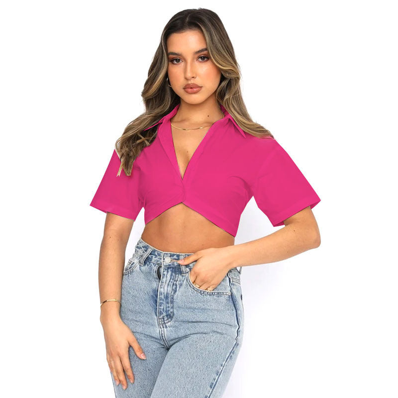 Summer Short-sleeved Polyester Cotton Single-breasted Lapel Shirt