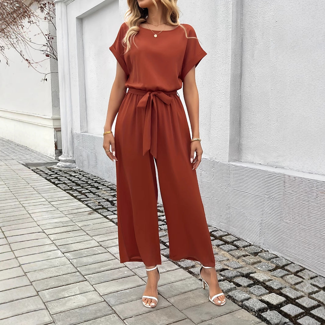 Women Fashion Solid Color With Belt Round Neck Jumpsuit