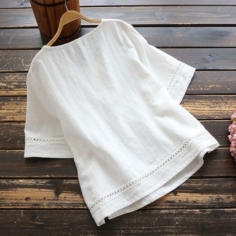 Summer Solid Color Cotton And Linen Top Half Sleeve