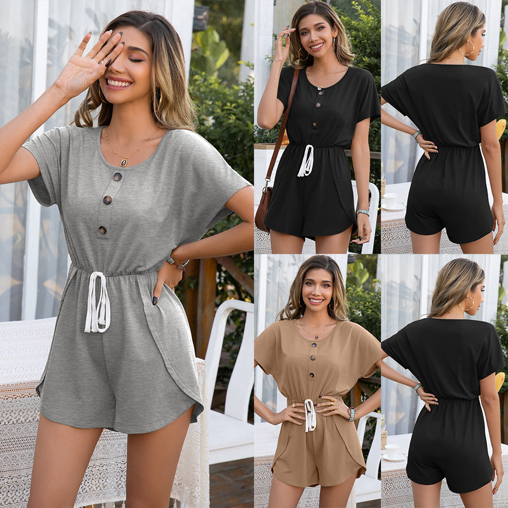 Buttoned Drawstring Slim Waist Short Sleeve Jumpsuit