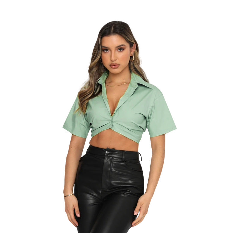 Summer Short-sleeved Polyester Cotton Single-breasted Lapel Shirt