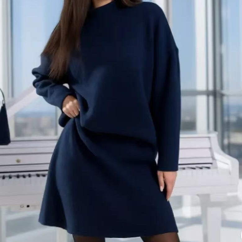 Mock Neck Sweater Autumn Knitting Top Skirt Two Pieces