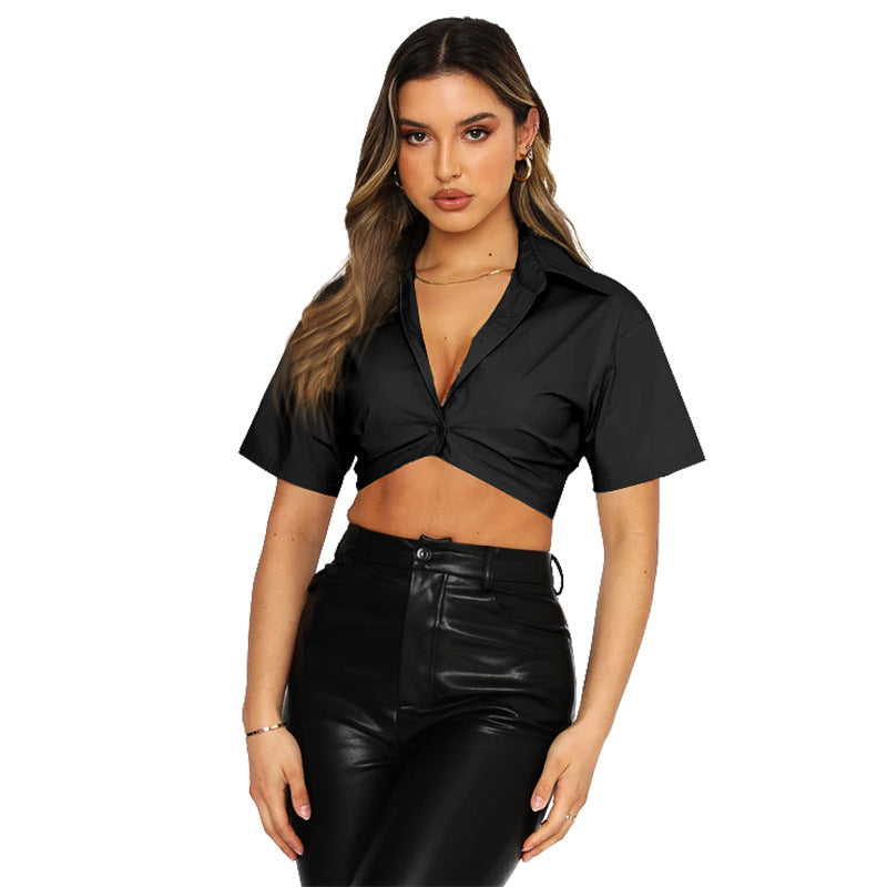 Summer Short-sleeved Polyester Cotton Single-breasted Lapel Shirt