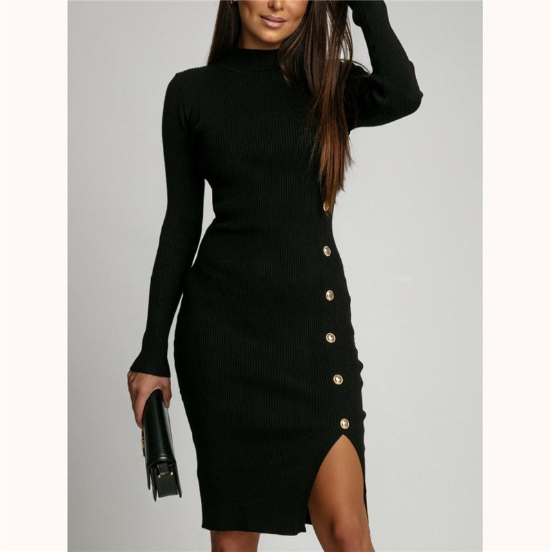 Women's Solid Color Buttons Long Sleeve Dress