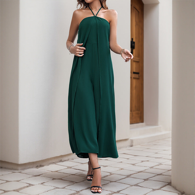 Casual Solid Color Long Halter Jumpsuit