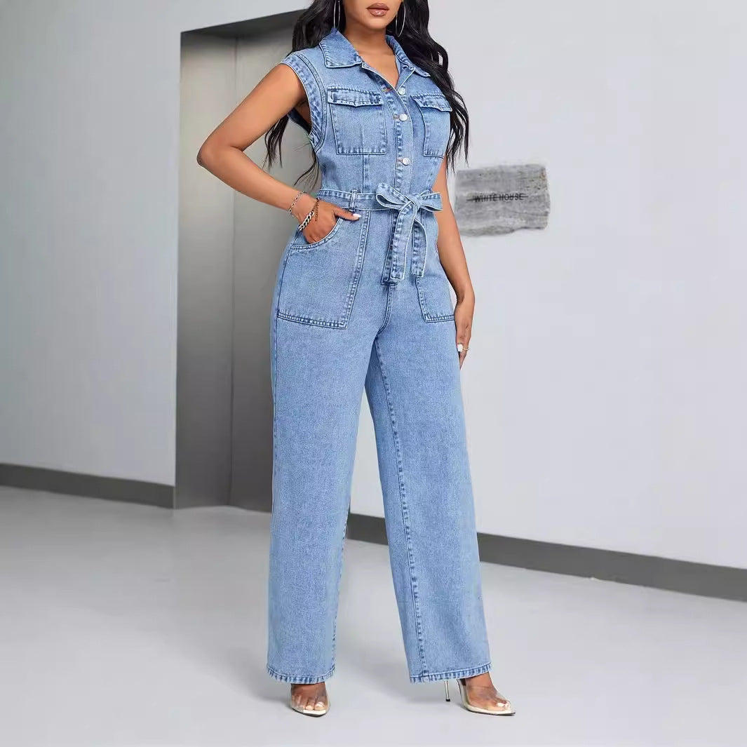 Denim Wear Sleeveless Casual Jumpsuit