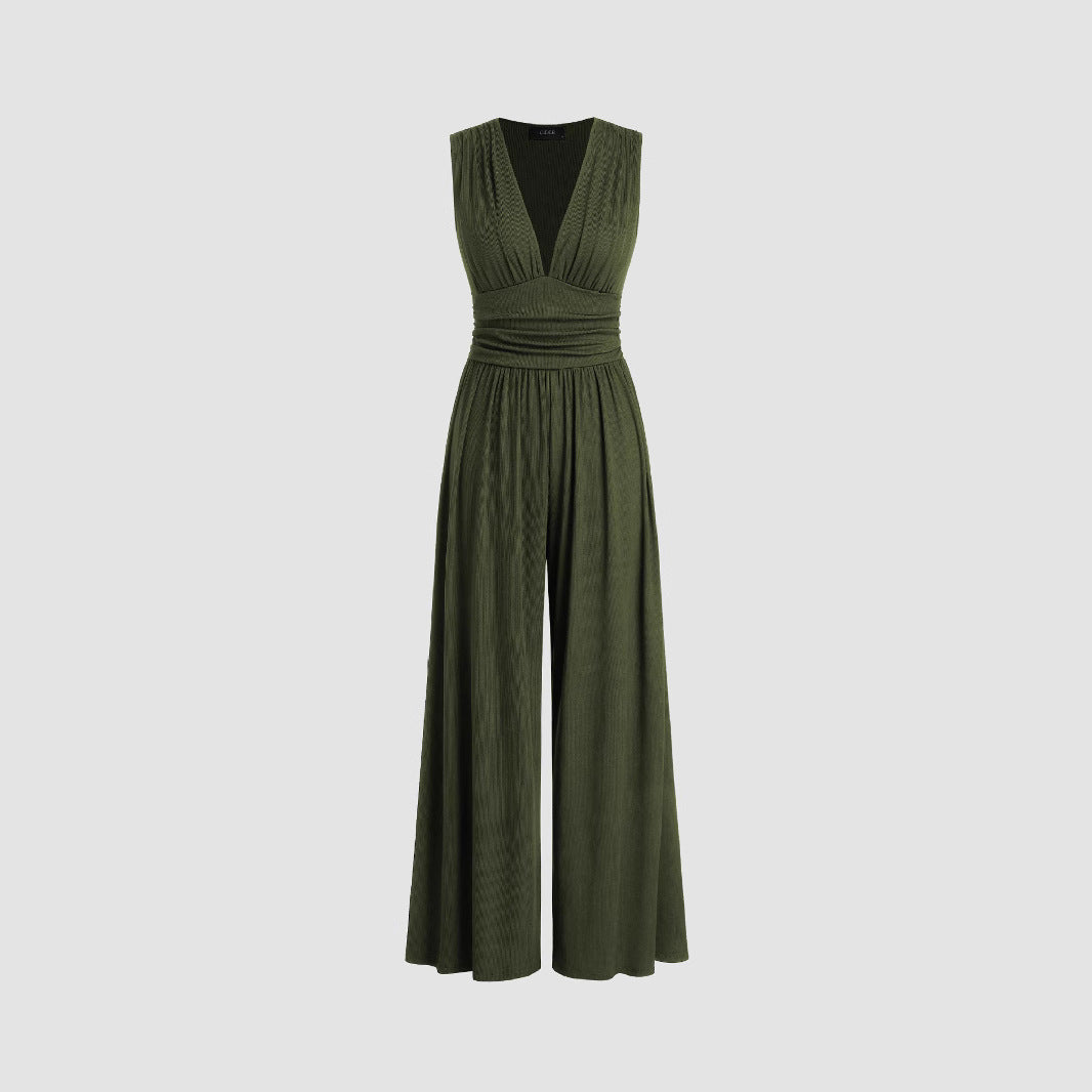 Women Solid Color Loose Sleeveless Knitted Jumpsuit