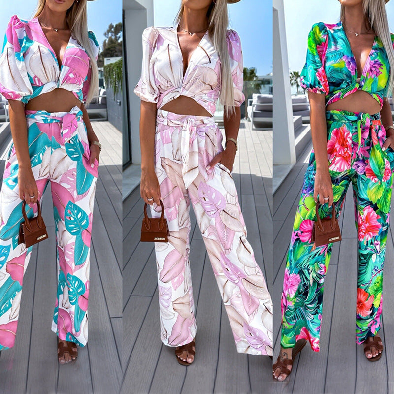 Short Sleeve Top Straight-leg Pants Suit