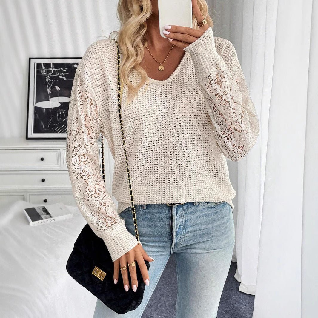 V-neck Lace Stitching Long Sleeve T-shirt