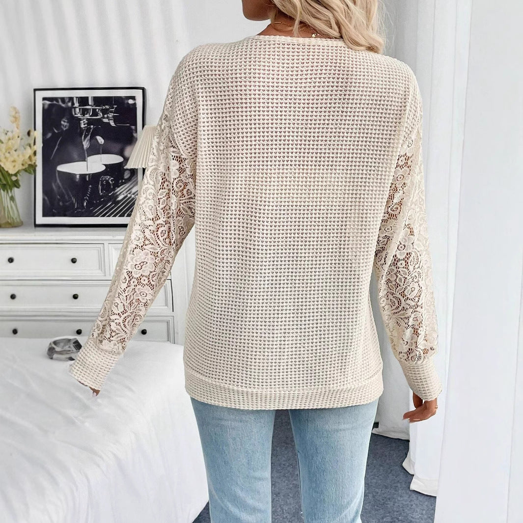 V-neck Lace Stitching Long Sleeve T-shirt
