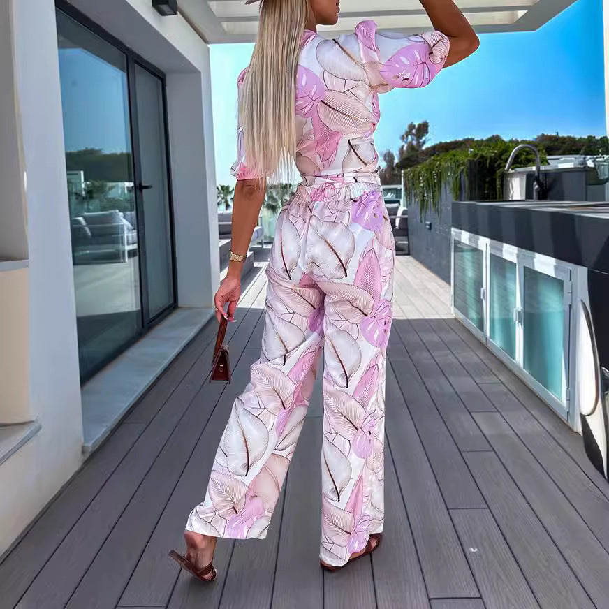Short Sleeve Top Straight-leg Pants Suit