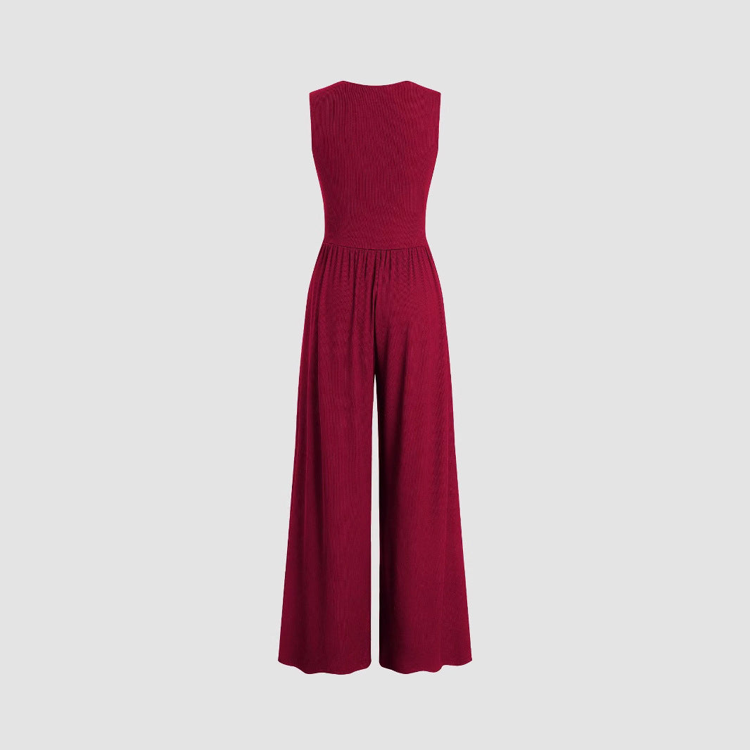 Women Solid Color Loose Sleeveless Knitted Jumpsuit