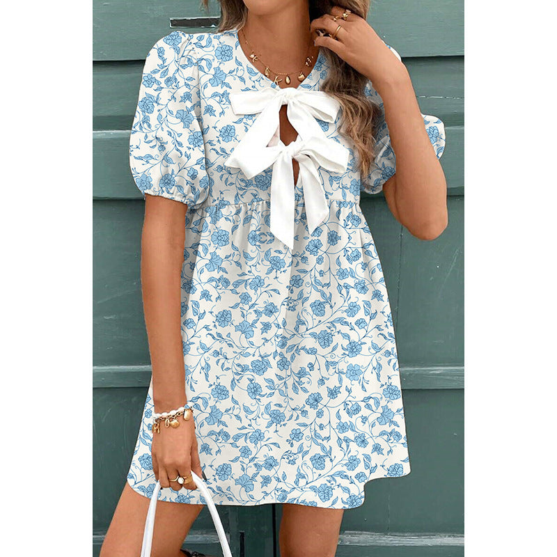 Female Leisure Summer Floral Print Bow Dress