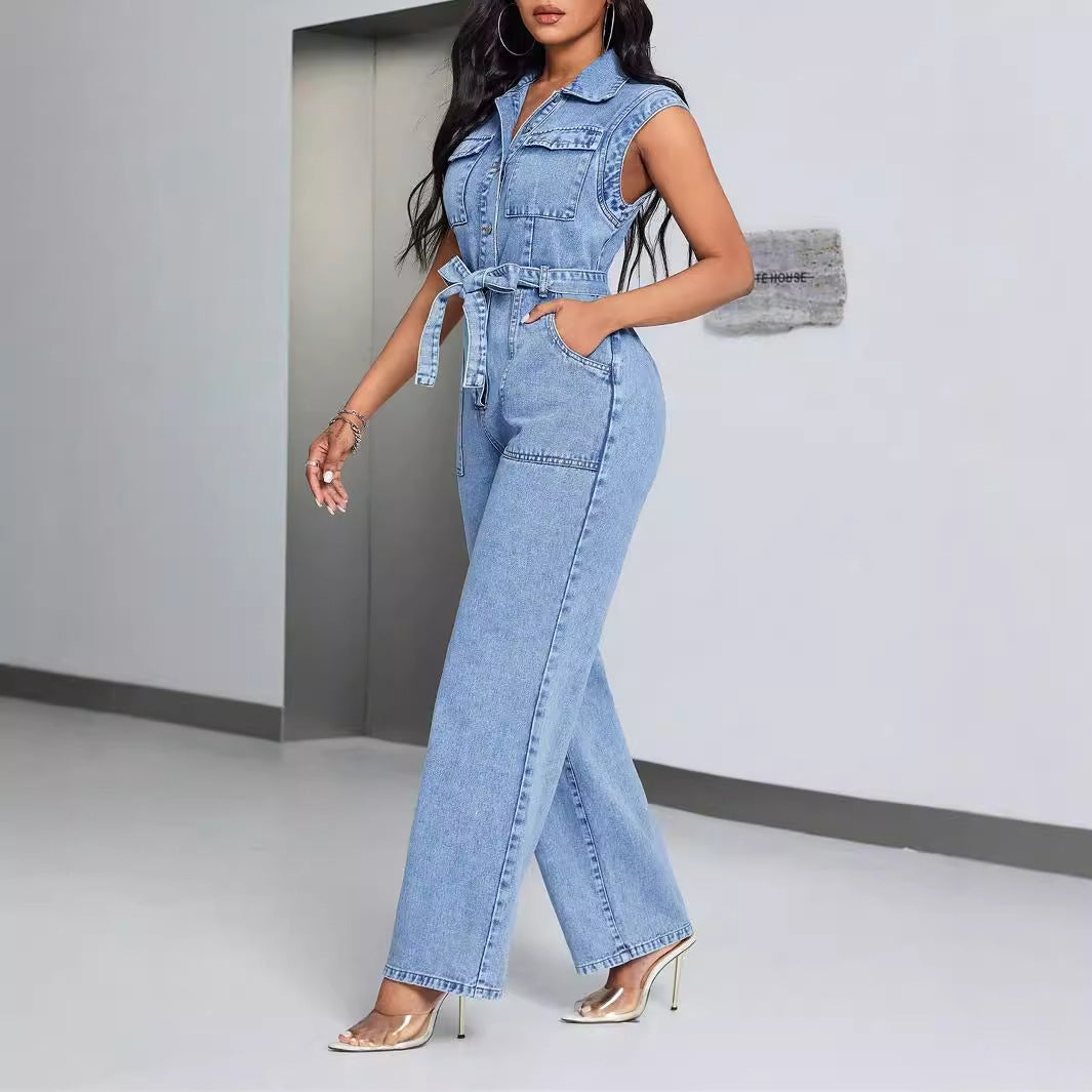 Denim Wear Sleeveless Casual Jumpsuit
